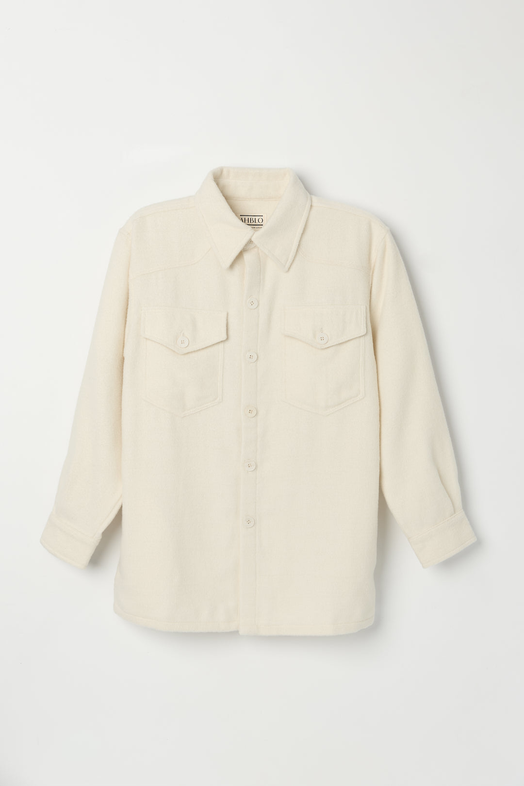 Noa Jacket in Cream, baby alpaca shirt jacket by Ahblo, flat lay