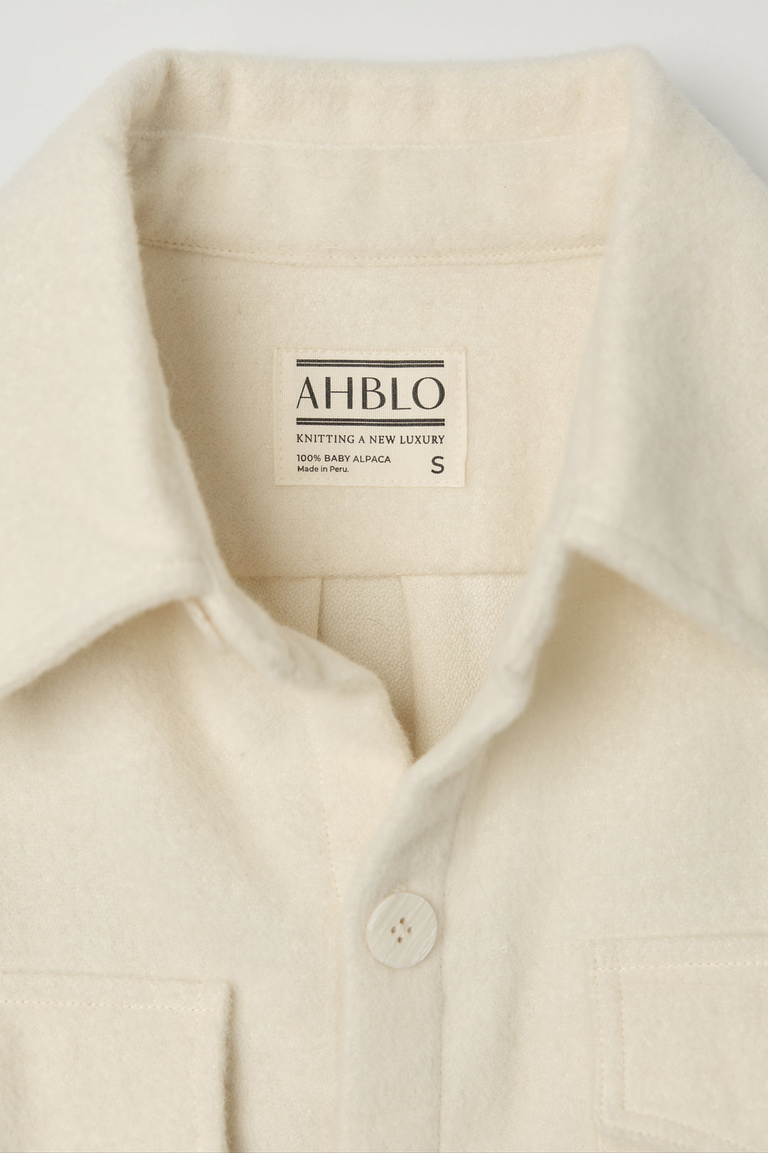 Noa Jacket in Cream, baby alpaca shirt jacket by Ahblo, flat lay