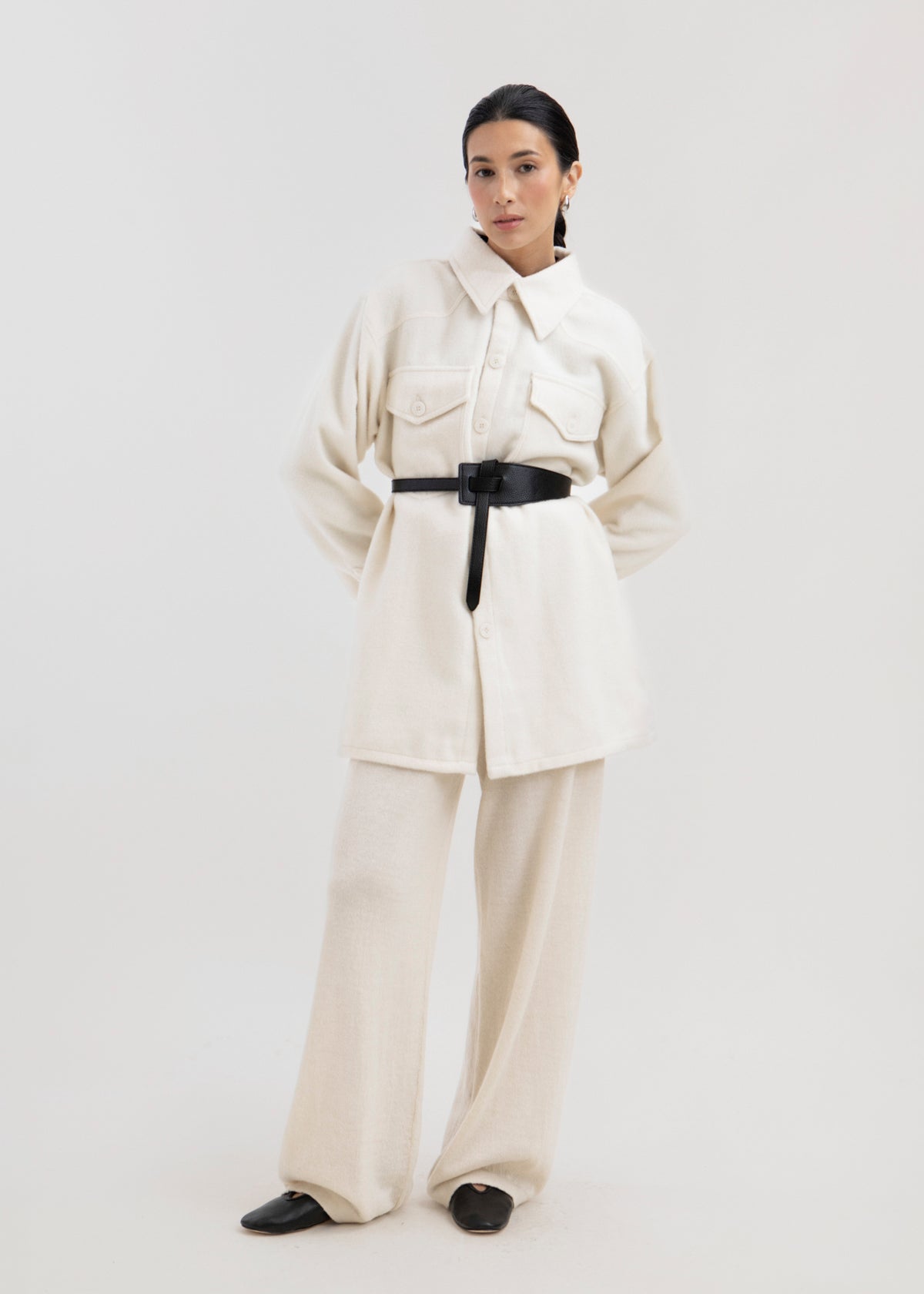 Noa Jacket in Cream, baby alpaca shirt jacket by Ahblo, worn by model
