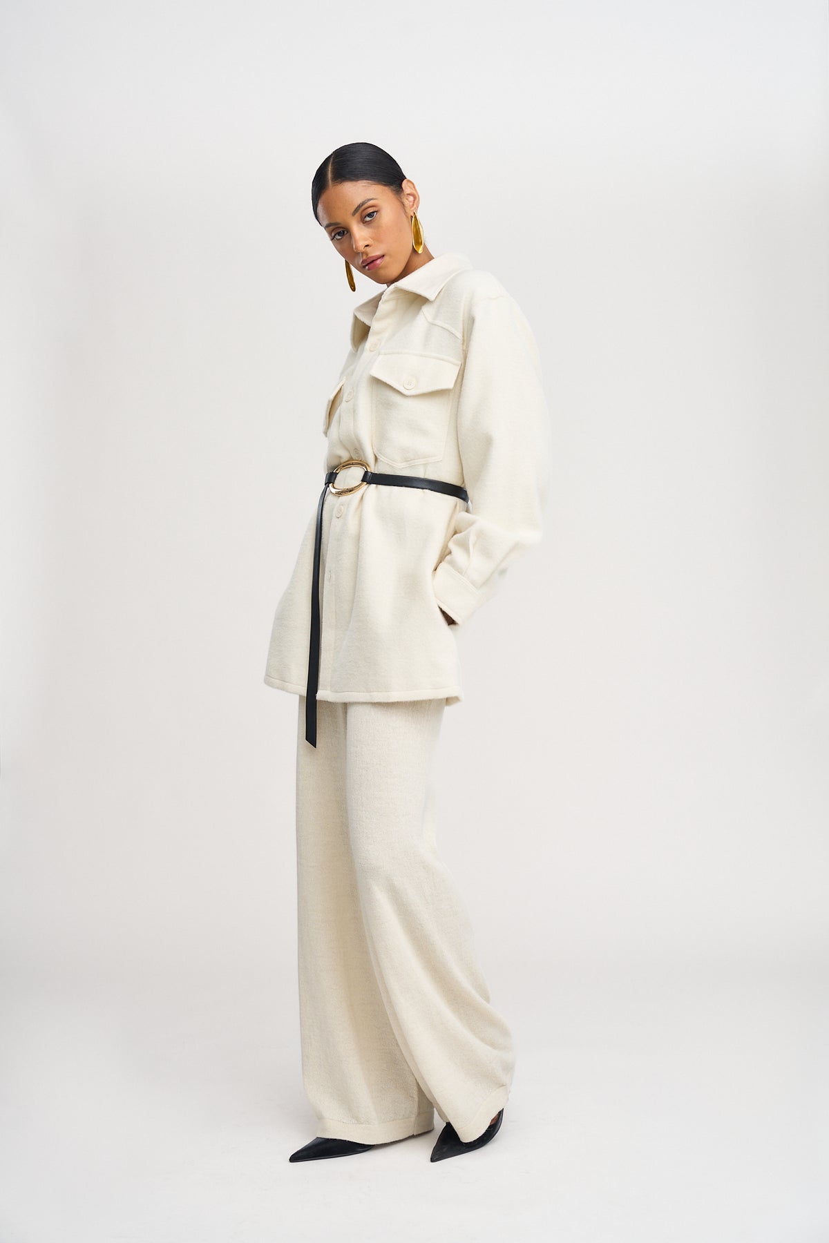Noa Jacket in Cream, baby alpaca shirt jacket by Ahblo, side view