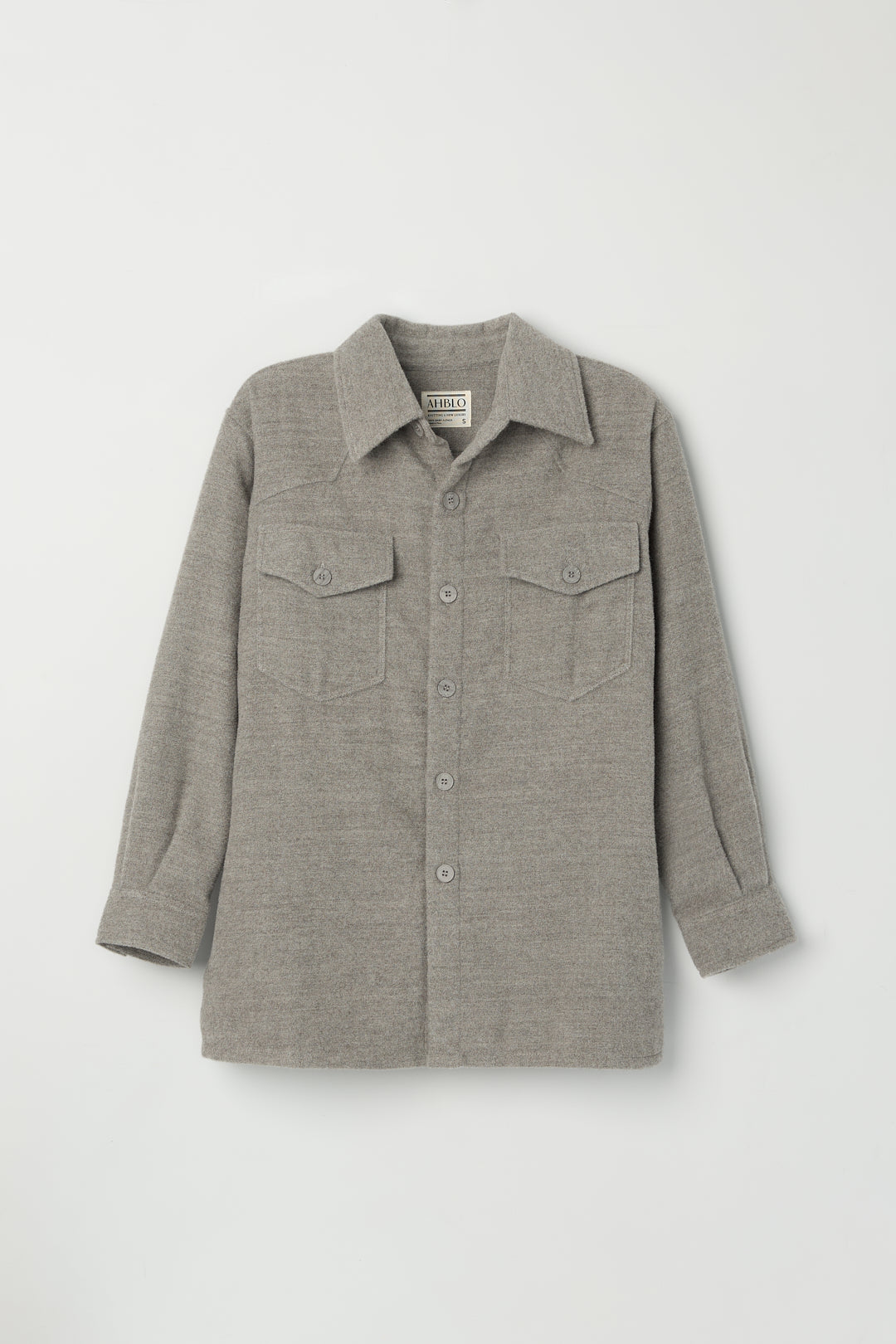 Noa Jacket in Mist Grey, baby alpaca shirt jacket by Ahblo, flat lay