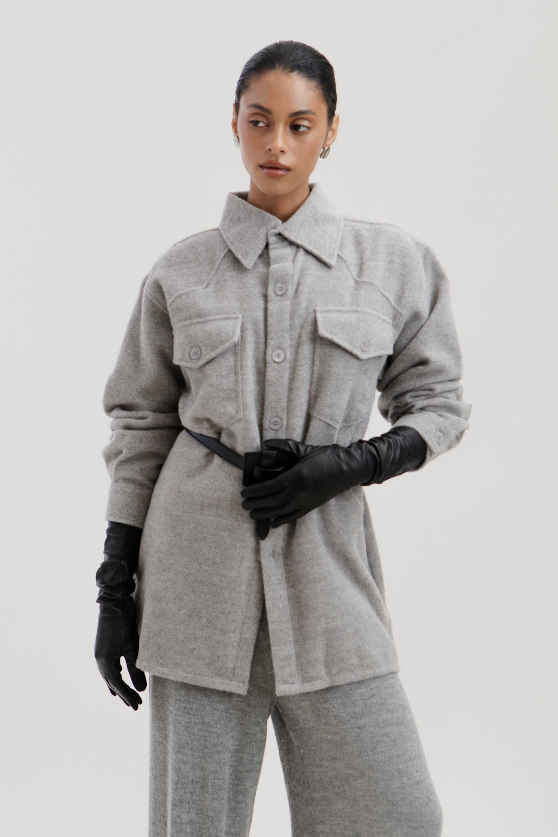 Noa Jacket in Mist Grey, baby alpaca shirt jacket by Ahblo, worn by model