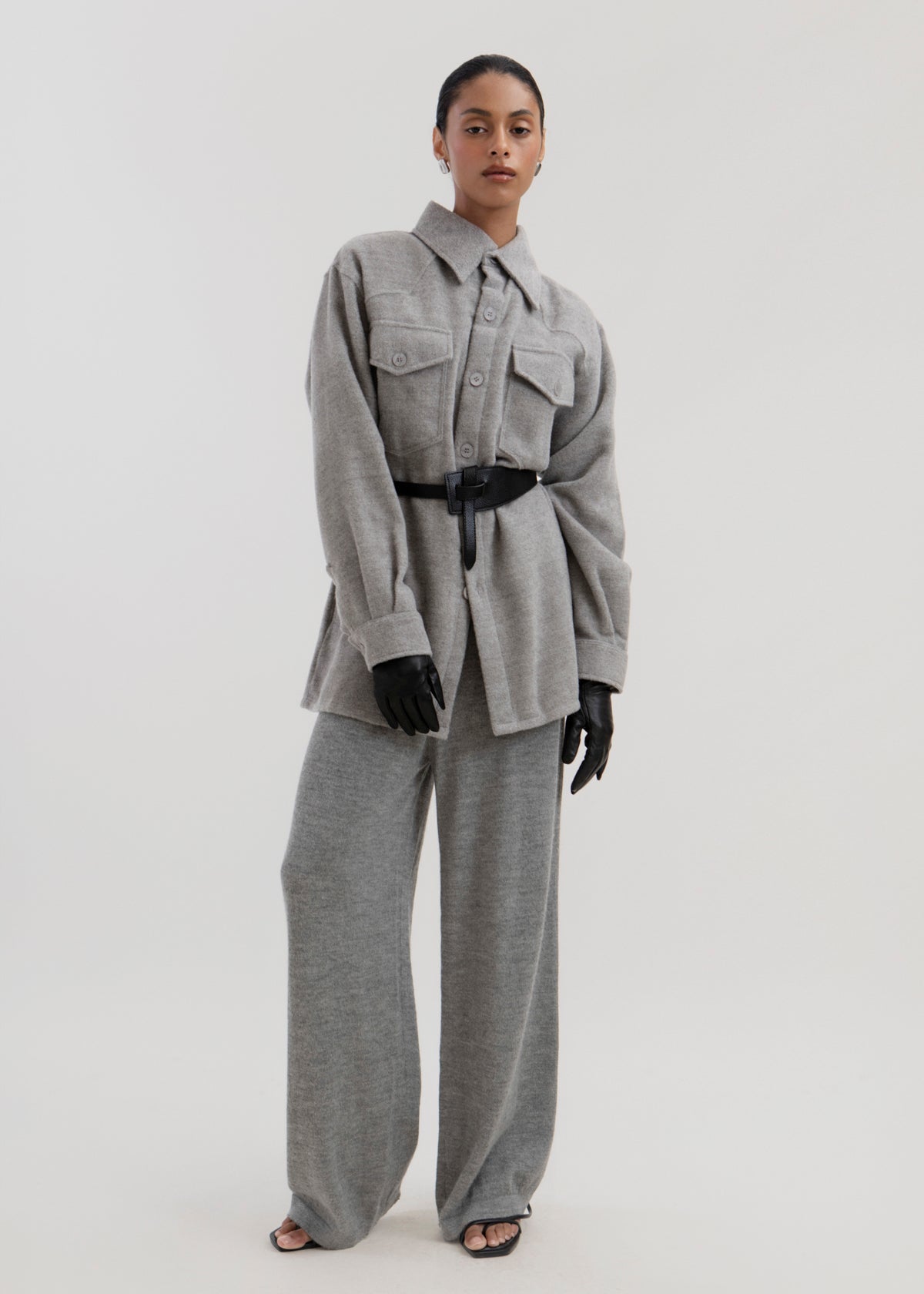 Noa Jacket in Mist Grey, baby alpaca shirt jacket by Ahblo, worn by model