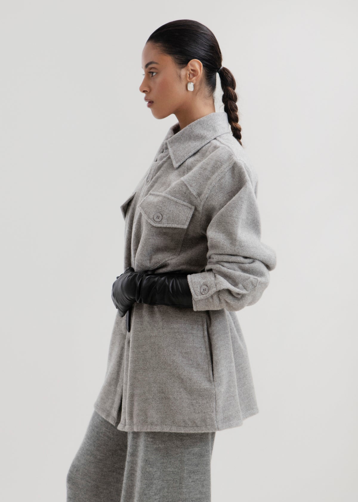 Noa Jacket in Mist Grey, baby alpaca shirt jacket by Ahblo, worn by model