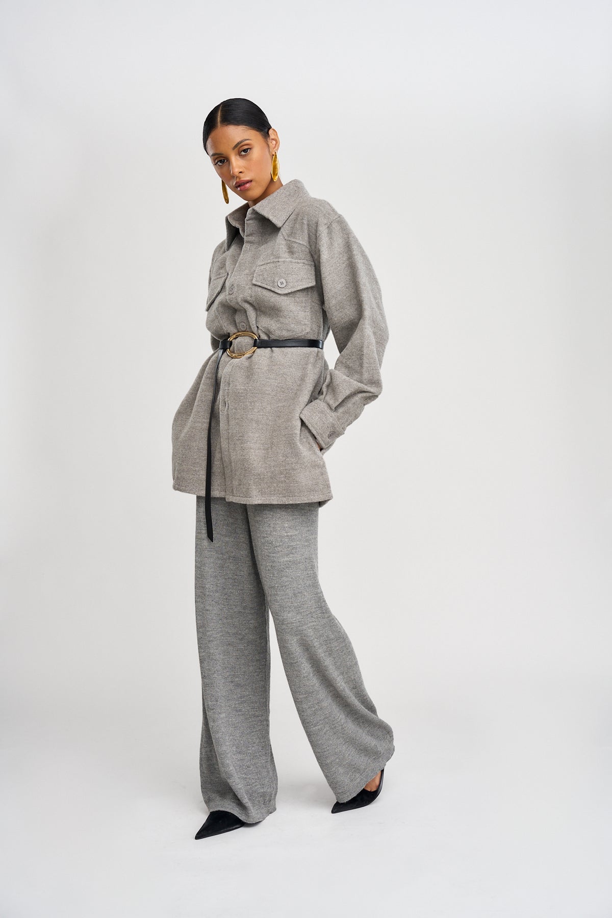 Noa Jacket in Mist Grey, baby alpaca shirt jacket by Ahblo, side view