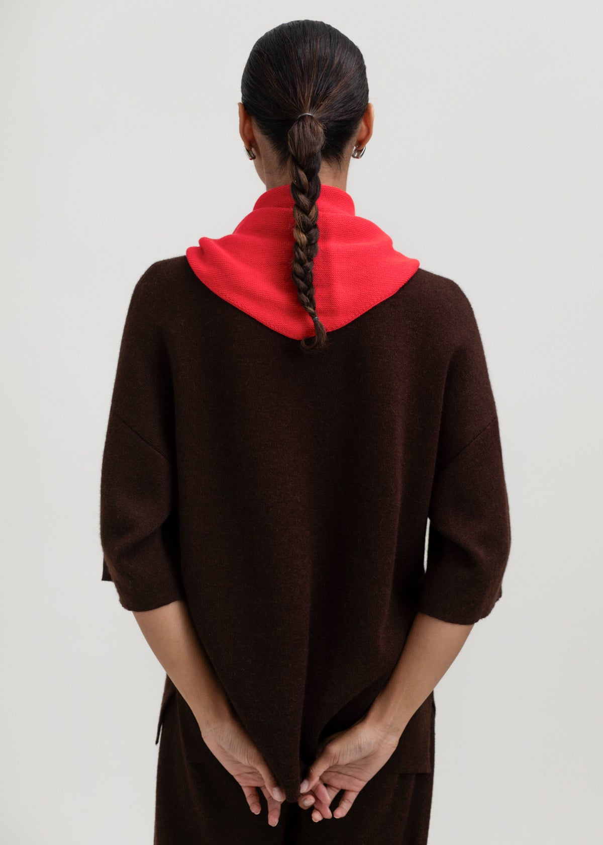 Nora Scarf in Cerise, cotton and baby alpaca triangle scarf by Ahblo, worn by model