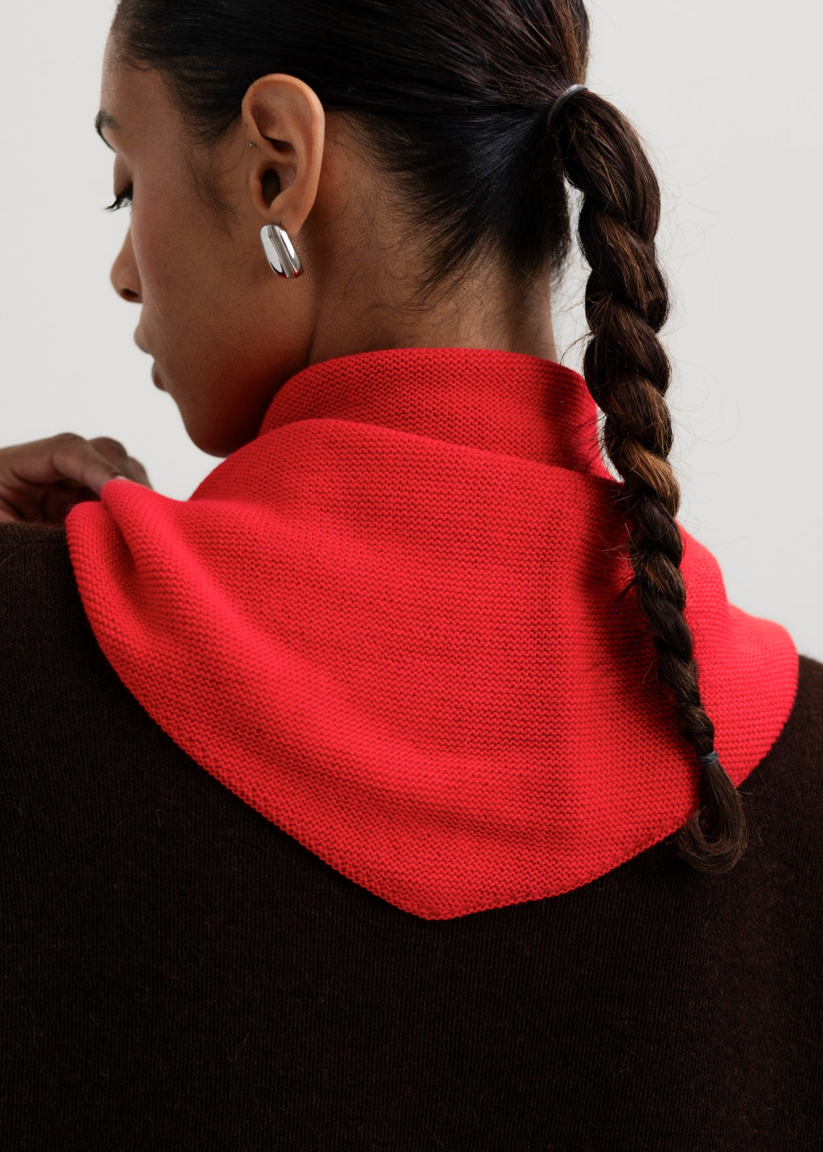 Nora Scarf in Cerise, cotton and baby alpaca triangle scarf by Ahblo, worn by model