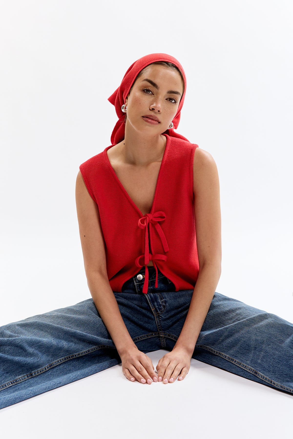 Nora Scarf in Cerise, cotton and baby alpaca triangle scarf by Ahblo, worn by model