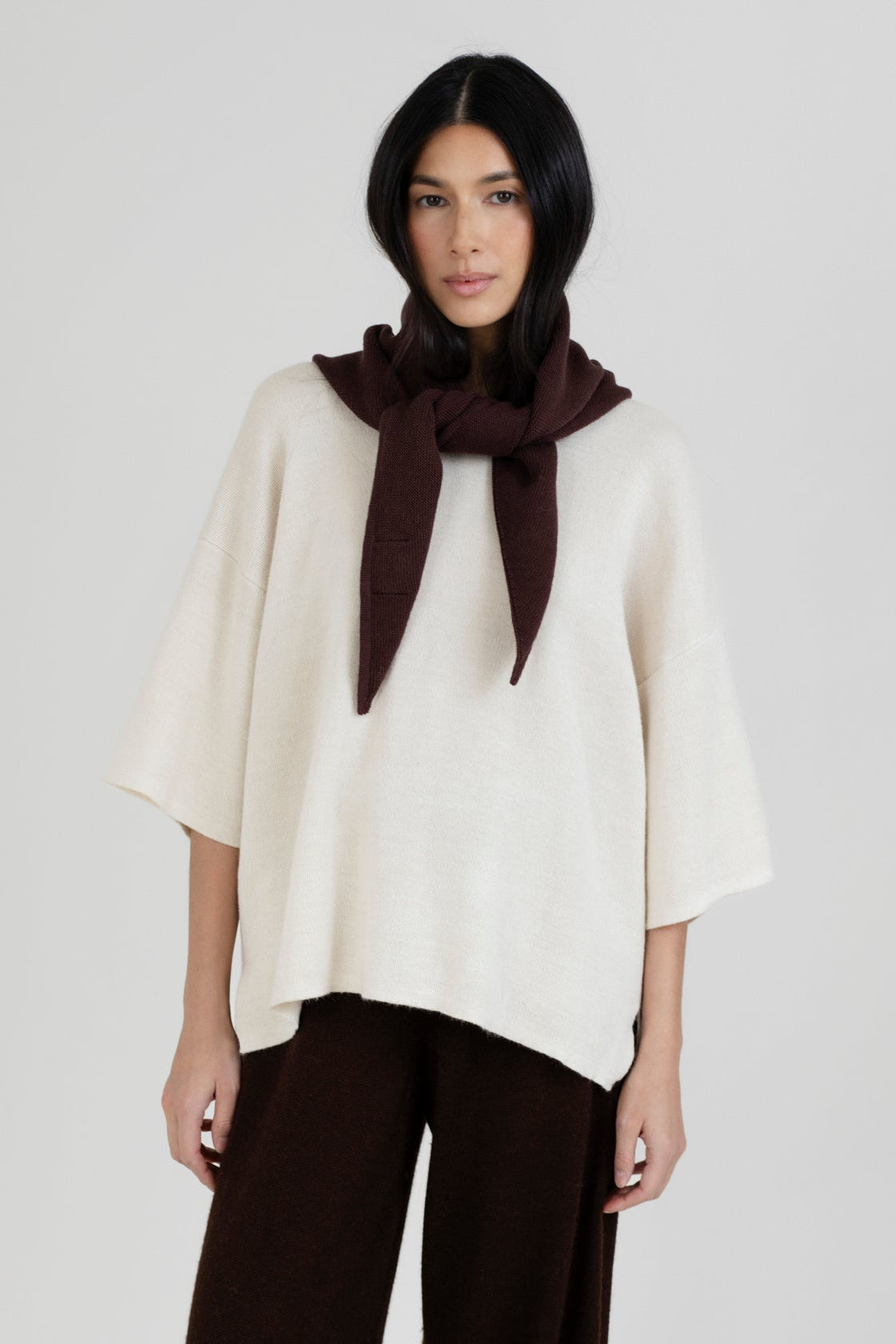 Nora Scarf in Chocolate Brown, cotton and baby alpaca triangle scarf by Ahblo, worn by model