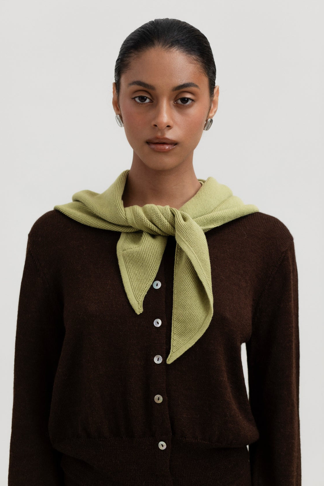 Nora Scarf in Olive, cotton and baby alpaca triangle scarf by Ahblo, worn by model