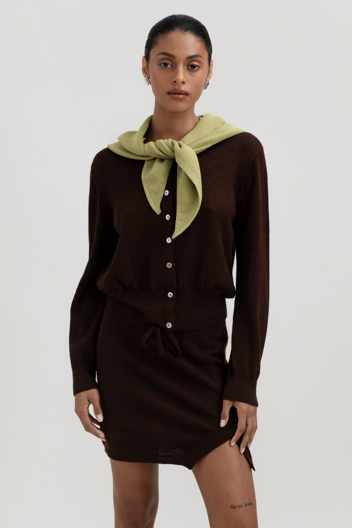 Nora Scarf in Olive, cotton and baby alpaca triangle scarf by Ahblo, worn by model