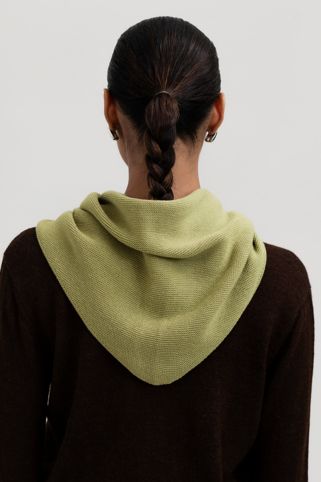 Nora Scarf in Olive, cotton and baby alpaca triangle scarf by Ahblo, worn by model