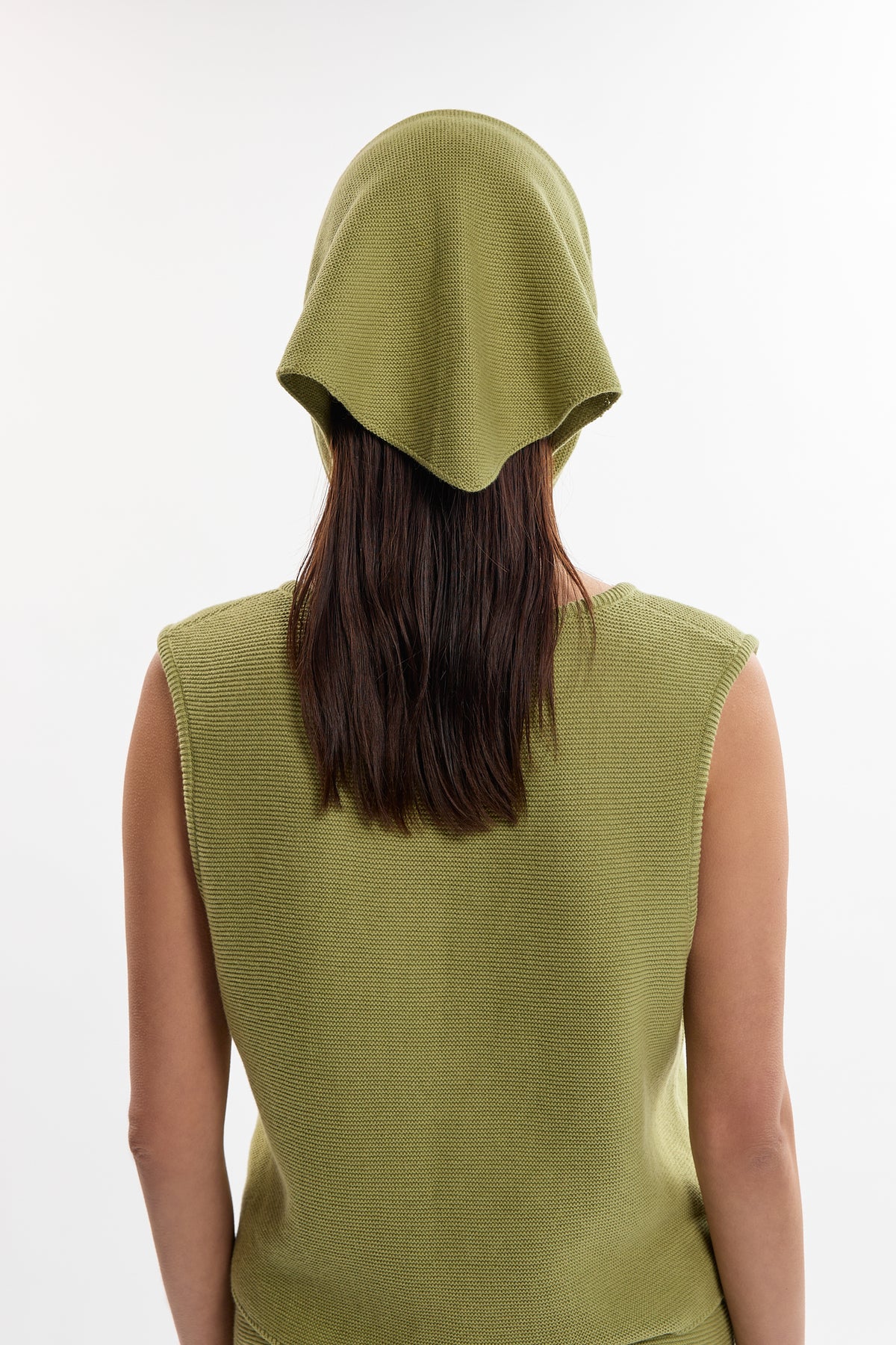 Nora Scarf in Olive, cotton and baby alpaca triangle scarf by Ahblo, worn by model