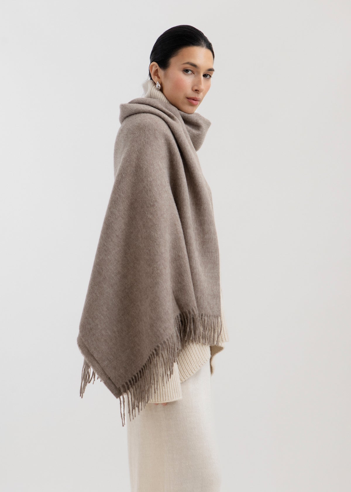 Riley Scarf in Walnut, blanket-size baby alpaca scarf by Ahblo, worn by model