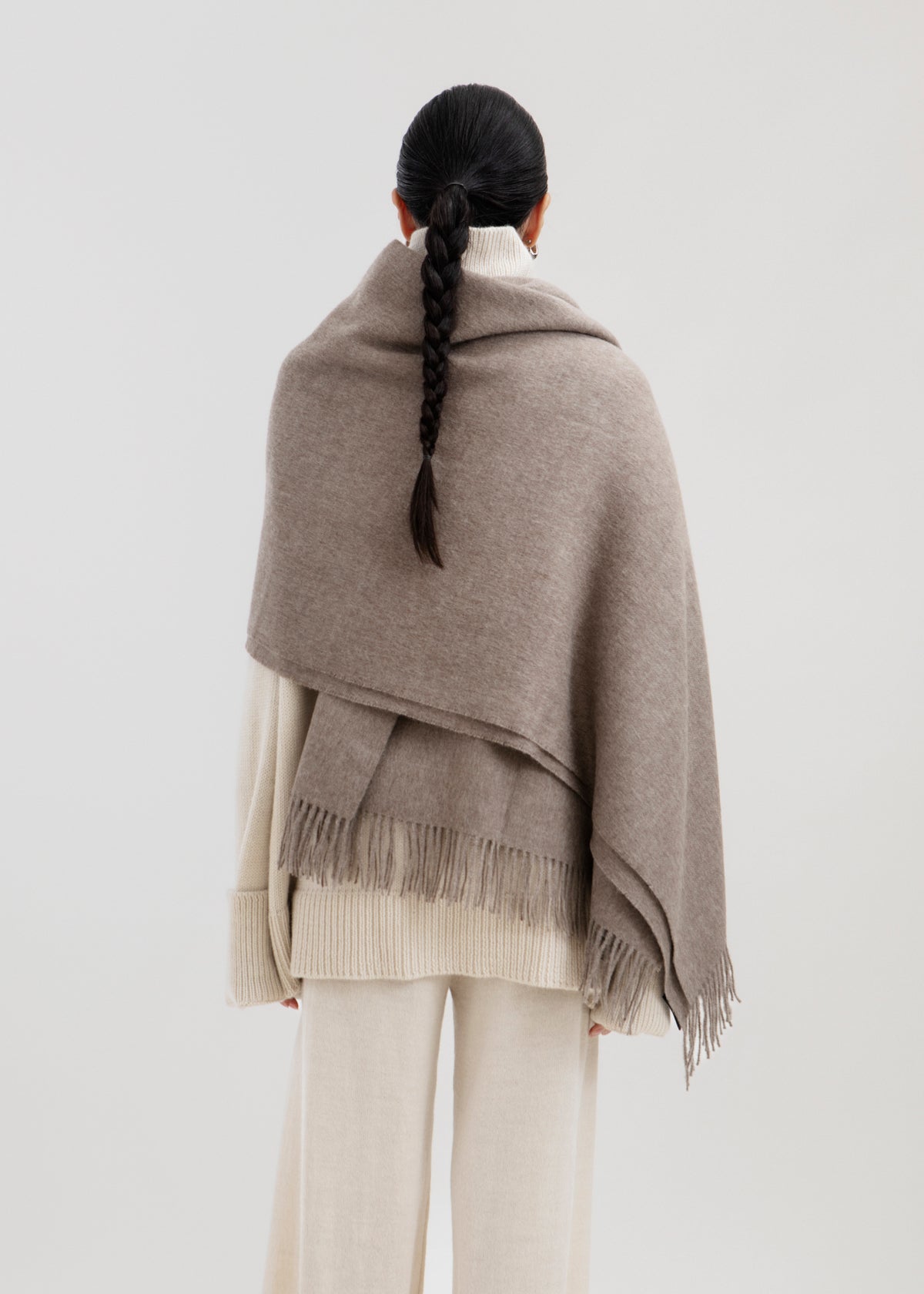 Riley Scarf in Walnut, blanket-size baby alpaca scarf by Ahblo, worn by model