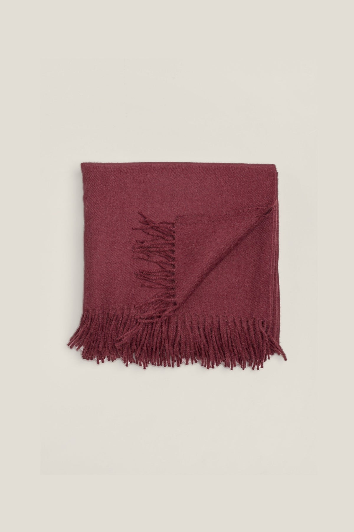Rowan Scarf in Burgundy, fringed baby alpaca scarf by Ahblo, flat lay