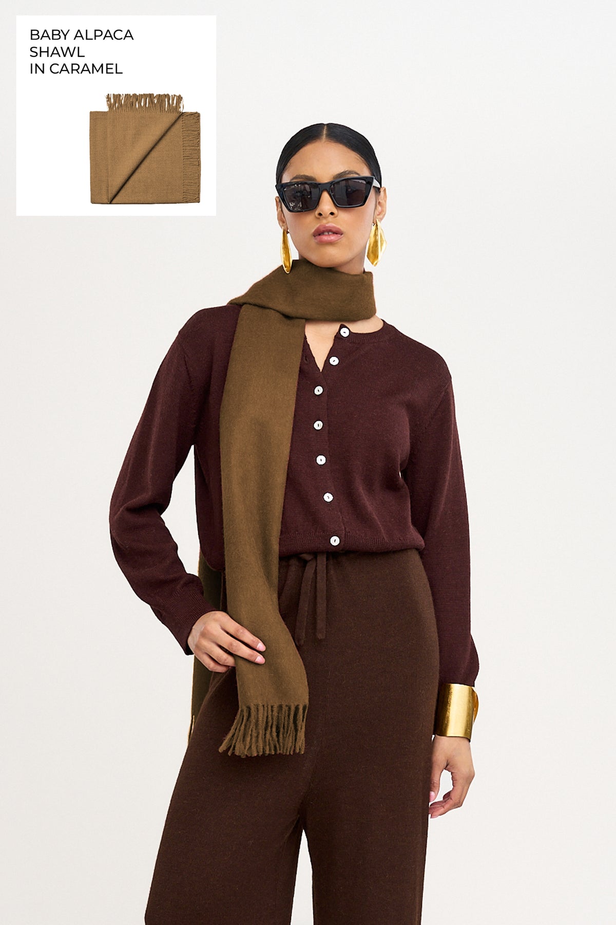 Rowan Scarf in Caramel, fringed baby alpaca scarf by Ahblo, flat lay