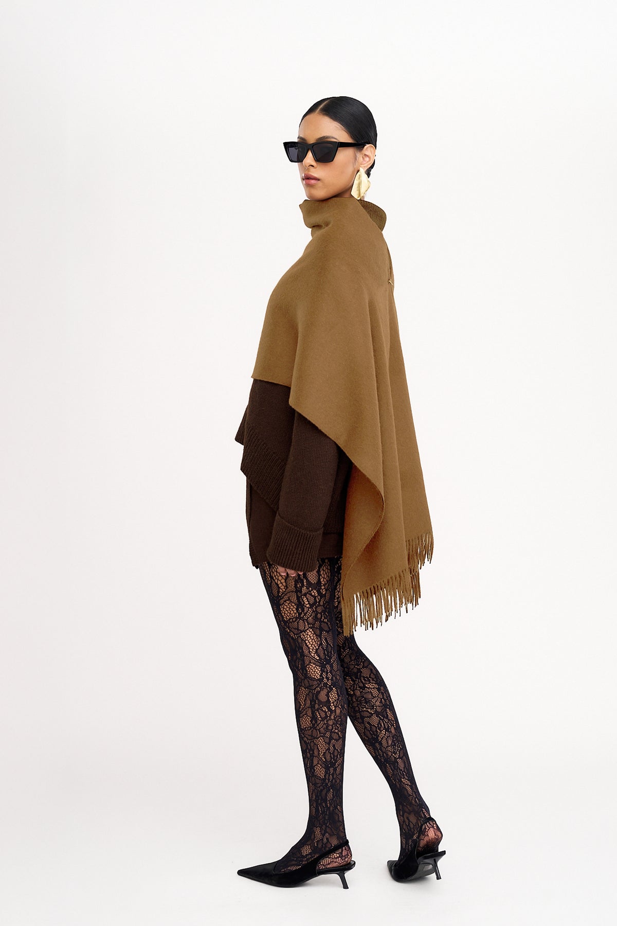 Rowan Scarf in Caramel, fringed baby alpaca scarf by Ahblo, worn by model