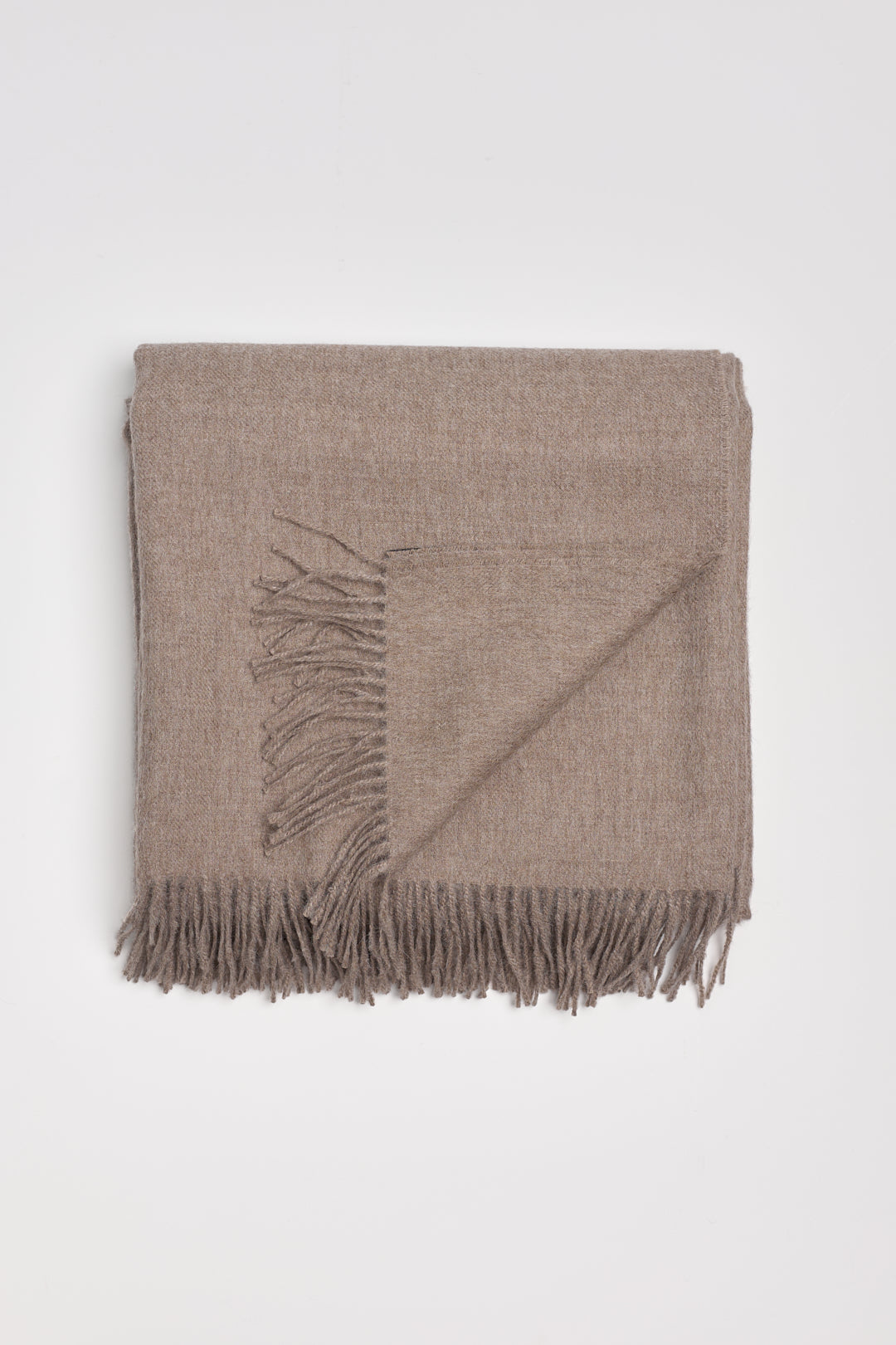 Rowan Scarf in Walnut, fringed baby alpaca scarf by Ahblo, flat lay