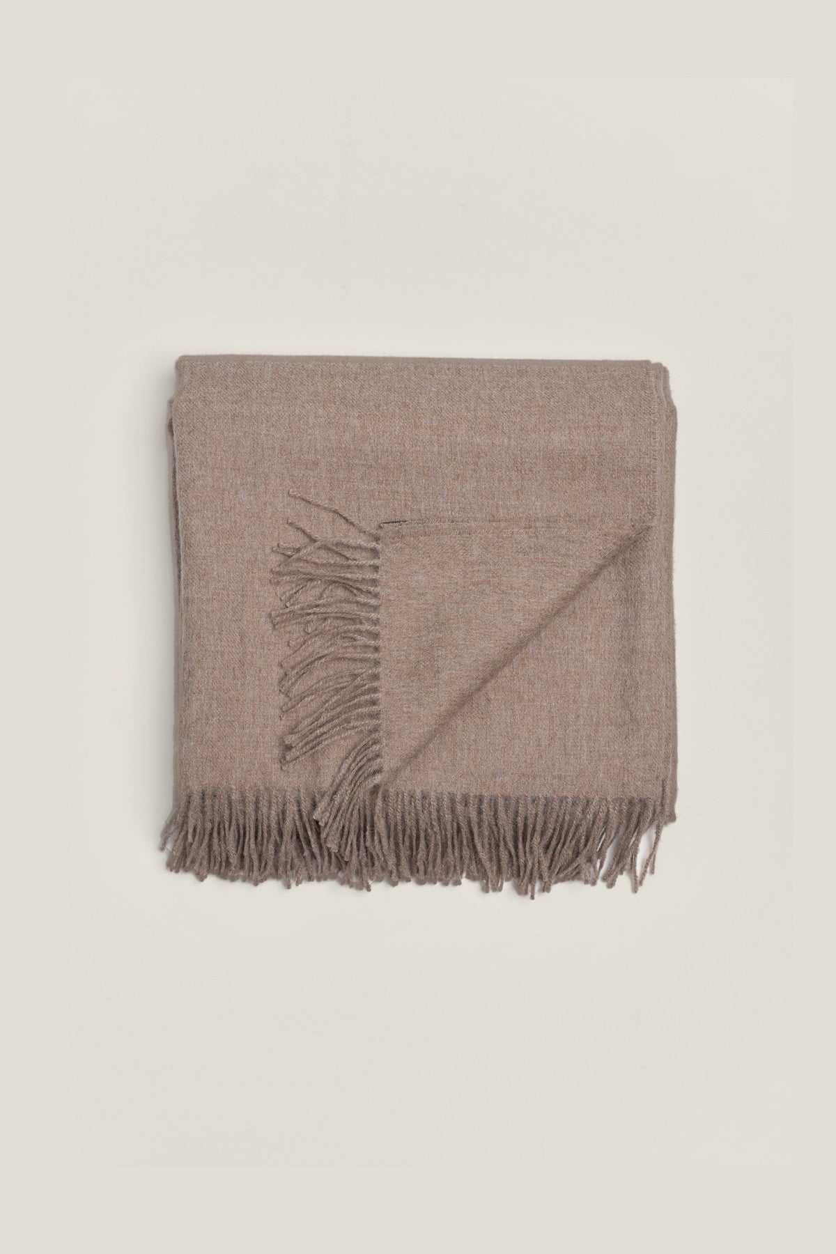 Rowan Scarf in Walnut, fringed baby alpaca scarf by Ahblo, flat lay