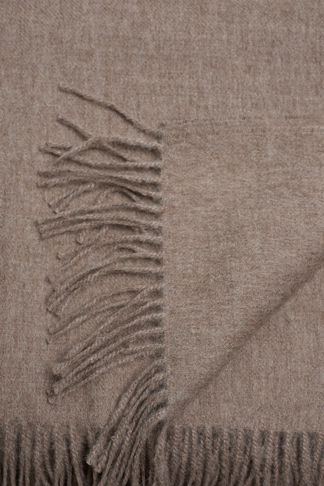 Rowan Scarf in Walnut, fringed baby alpaca scarf by Ahblo, flat lay