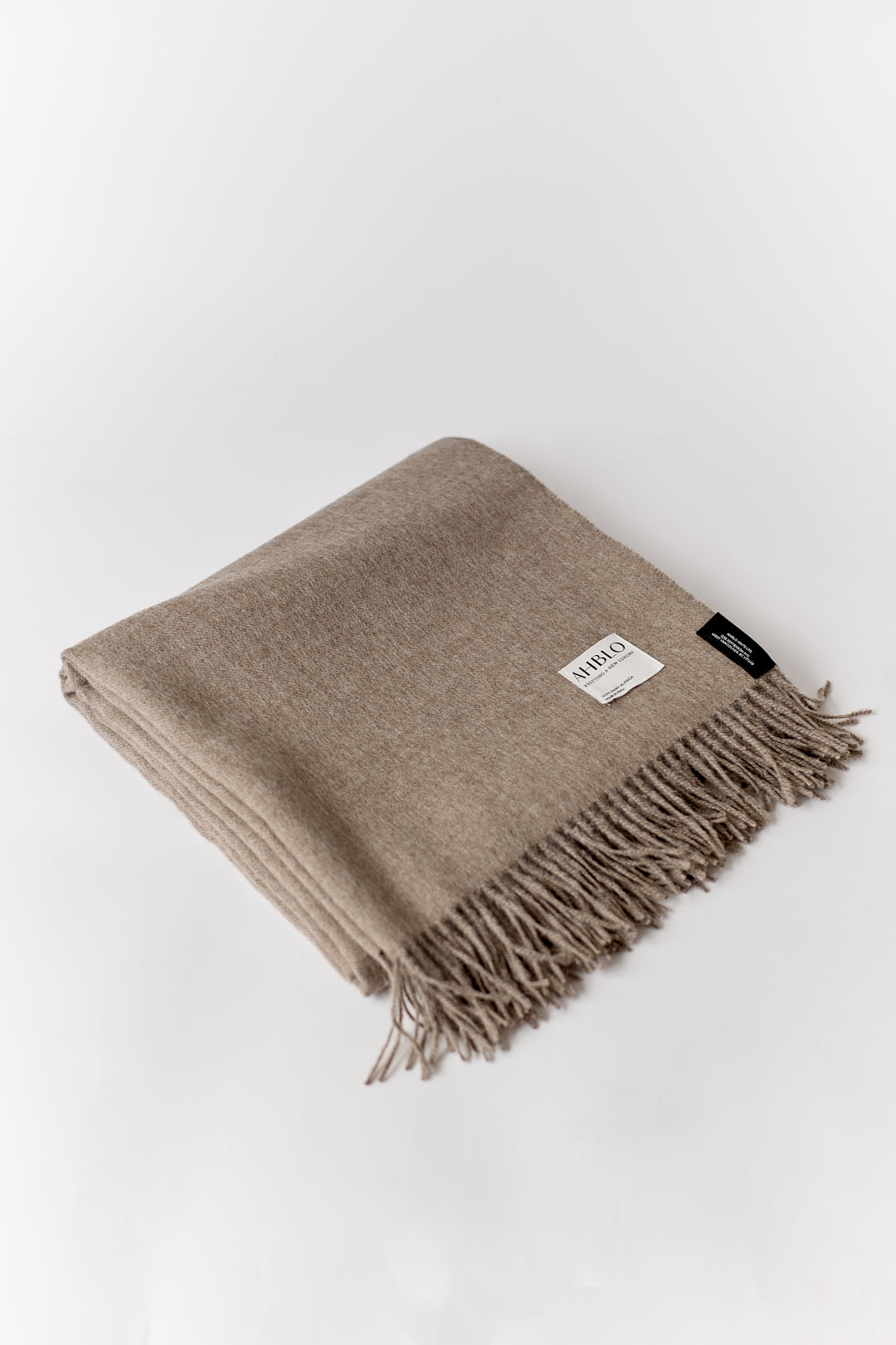 Rowan Scarf in Walnut, fringed baby alpaca scarf by Ahblo, flat lay