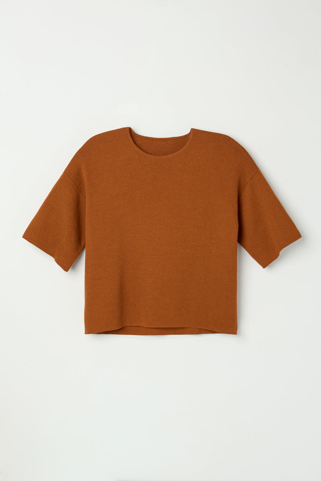 Solace Tee Sweater in Burnt Orange, alpaca tee sweater by Ahblo, flat lay