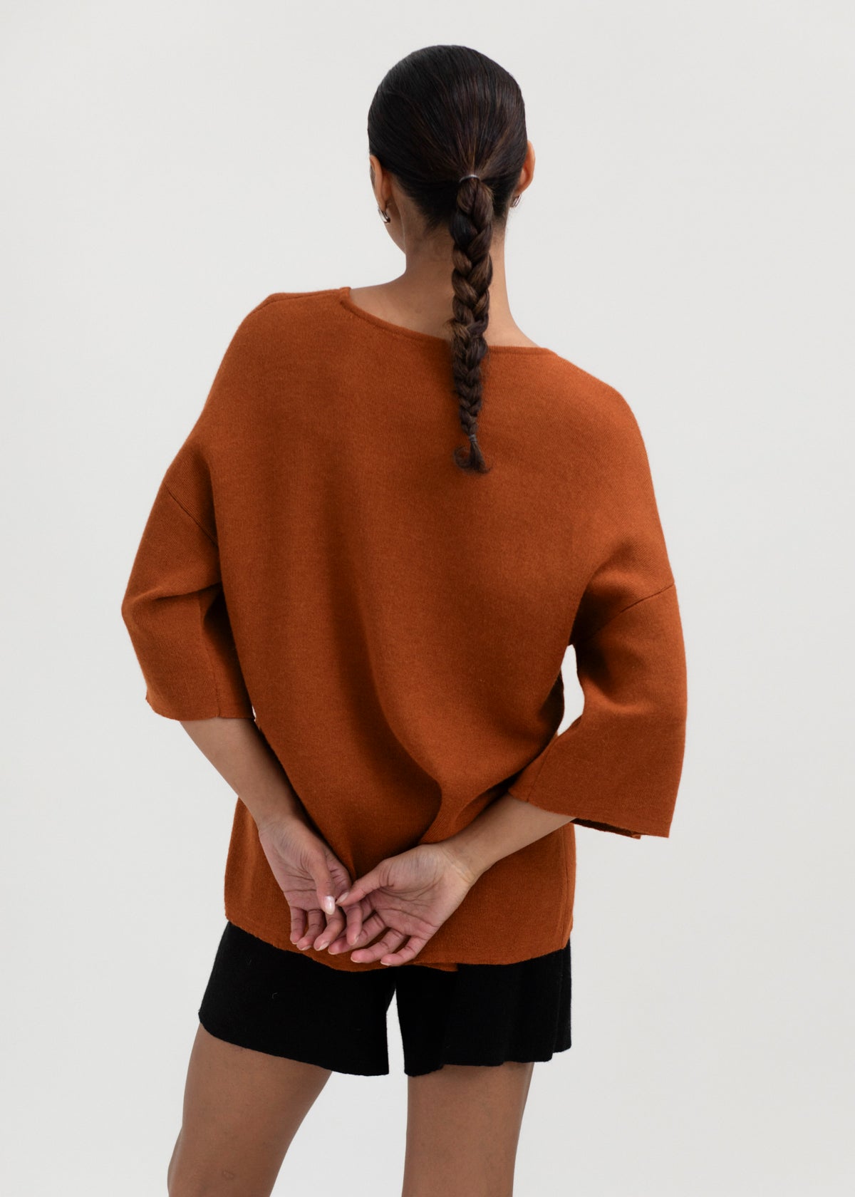 Solace Tee Sweater in Burnt Orange, alpaca tee sweater by Ahblo, worn by model