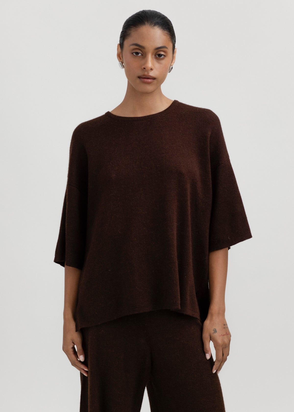 Solace Tee Sweater in Chocolate Brown, alpaca tee sweater by Ahblo, worn by model