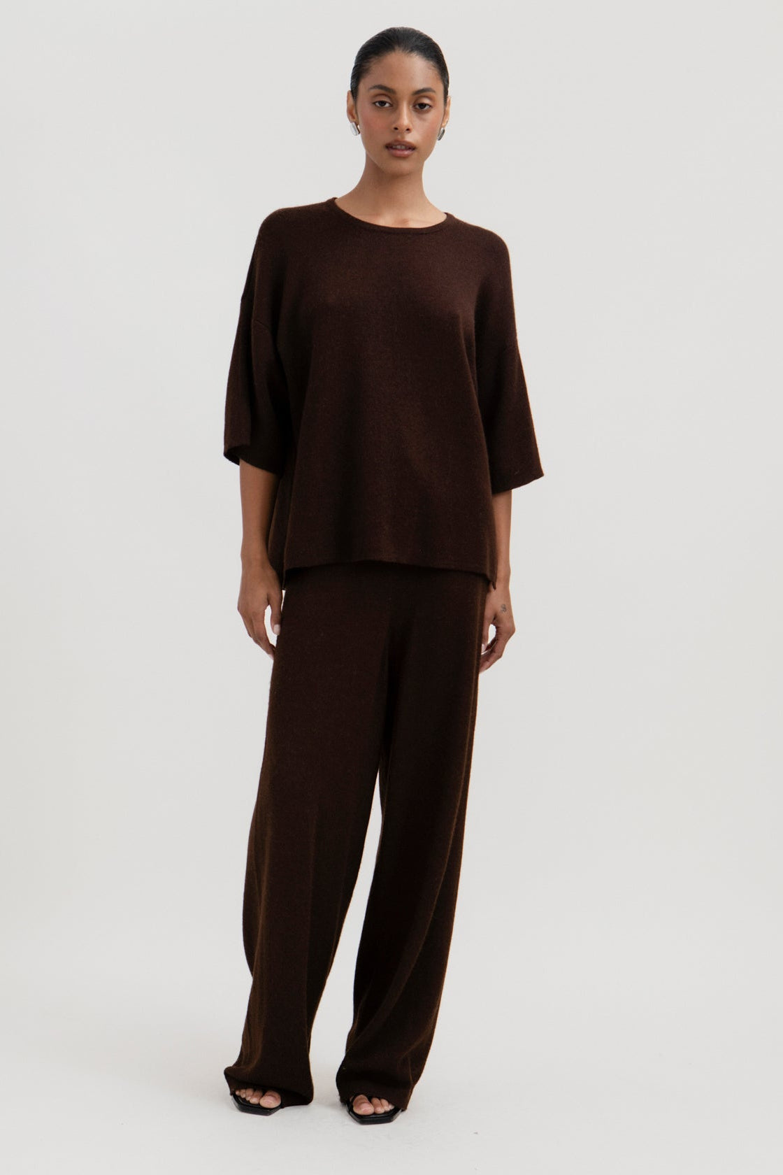 Solace Tee Sweater in Chocolate Brown, alpaca tee sweater by Ahblo, worn by model