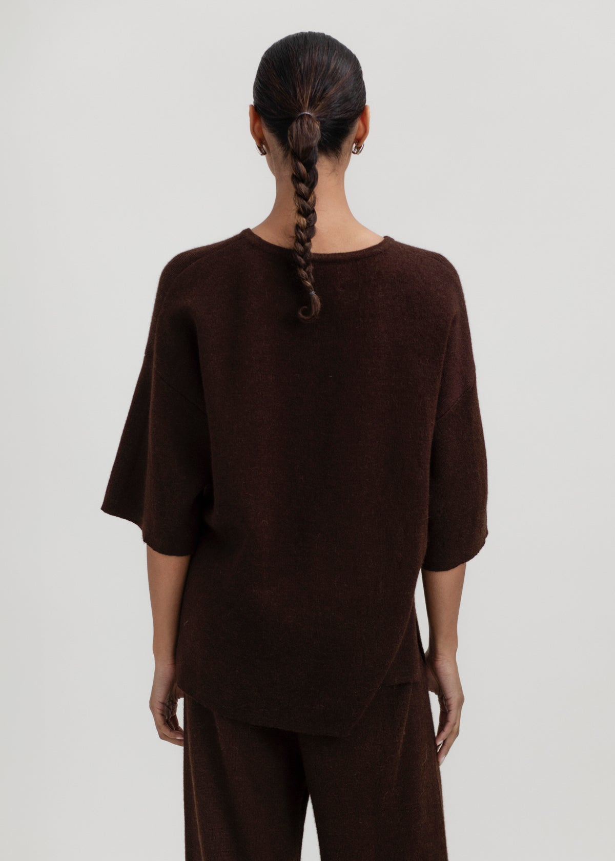 Solace Tee Sweater in Chocolate Brown, alpaca tee sweater by Ahblo, worn by model