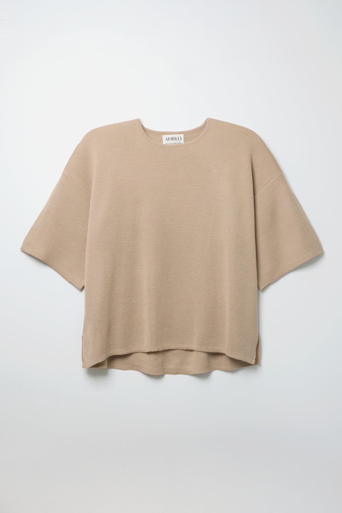 Solace Tee Sweater in Dune, alpaca tee sweater by Ahblo, worn by model