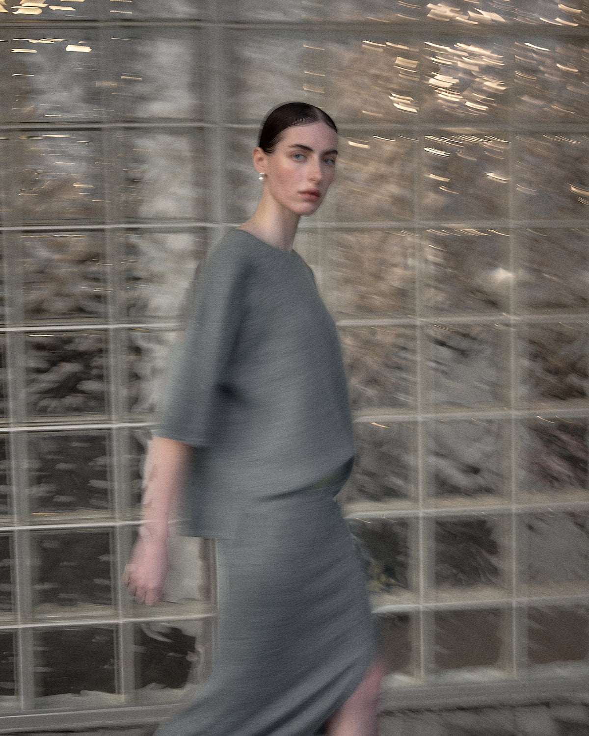 Solace Tee Sweater in Mist, alpaca tee sweater by Ahblo, worn by model