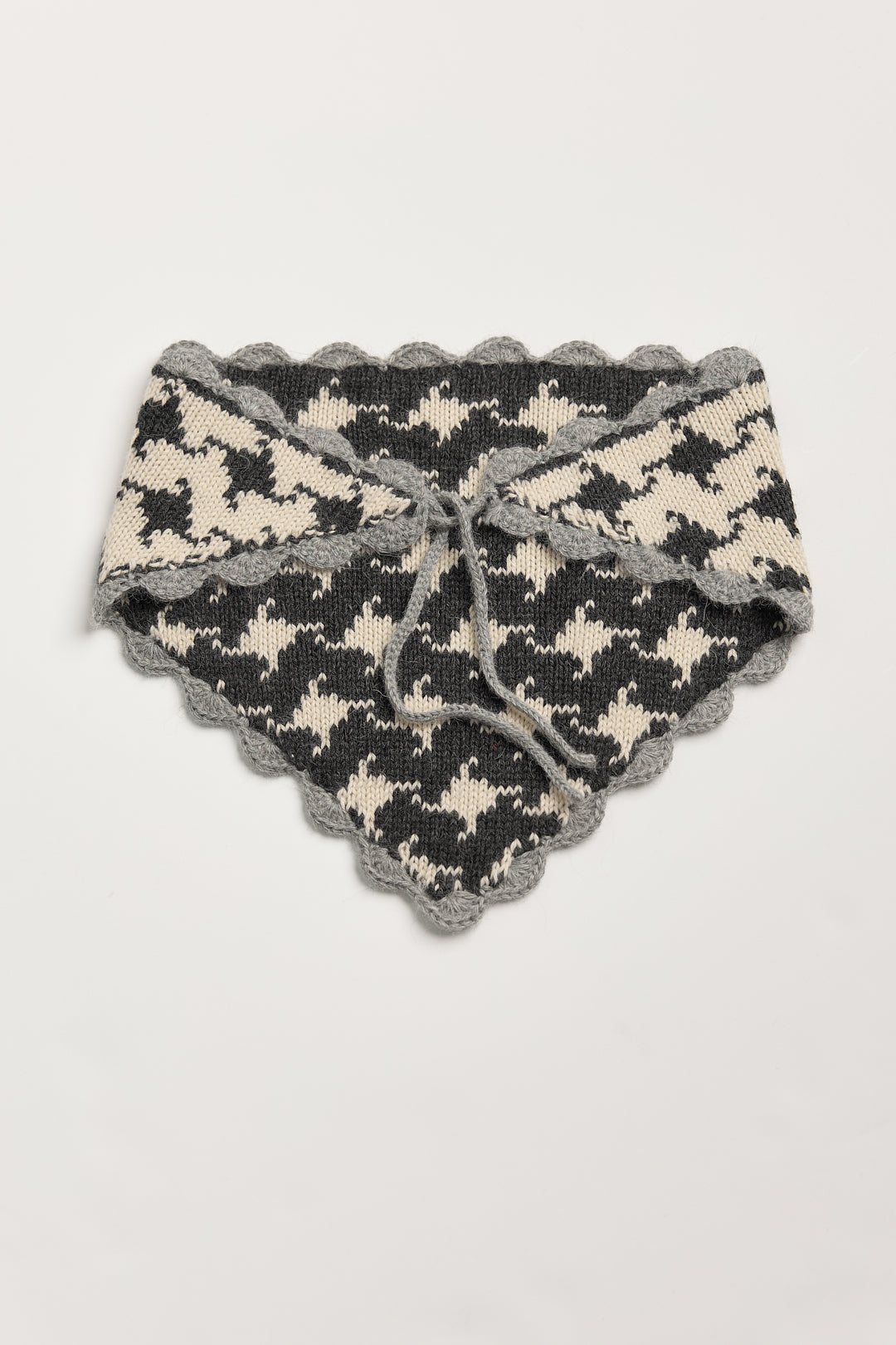 Tessa Scarf in Grey, reversible houndstooth baby alpaca triangle scarf by Ahblo, flat lay