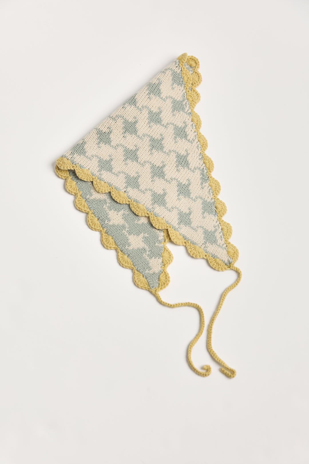 Tessa Scarf in Sage, reversible houndstooth baby alpaca triangle scarf by Ahblo, flat lay