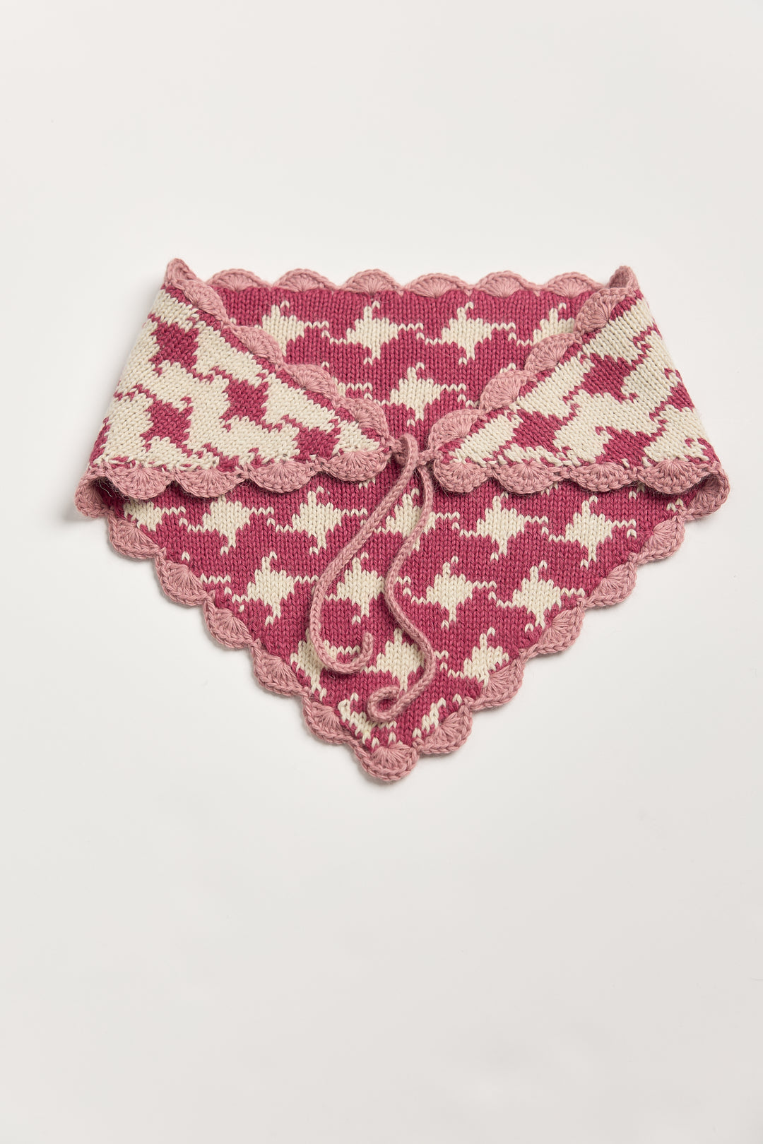 Tessa Scarf in Wild Rose, reversible houndstooth baby alpaca triangle scarf by Ahblo, flat lay