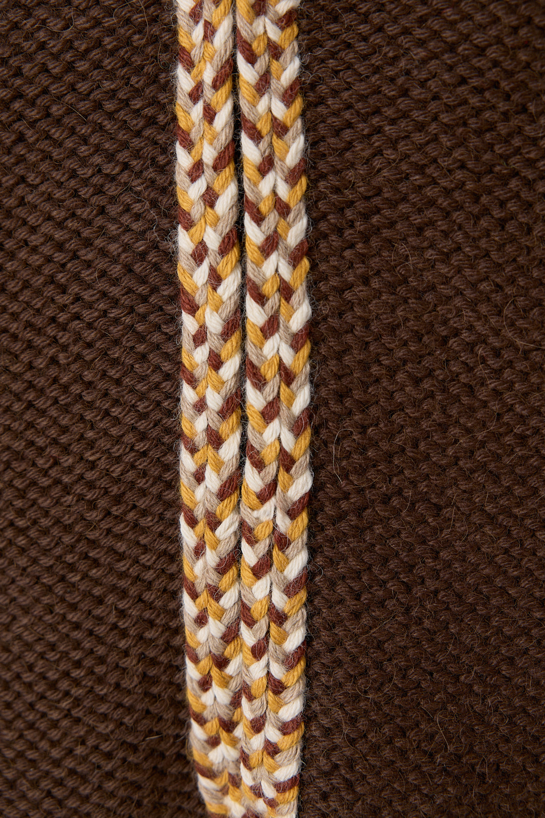 Vela Braid Vest in Chocolate Brown, baby alpaca knit vest with hand-braided trim by Ahblo, flat lay